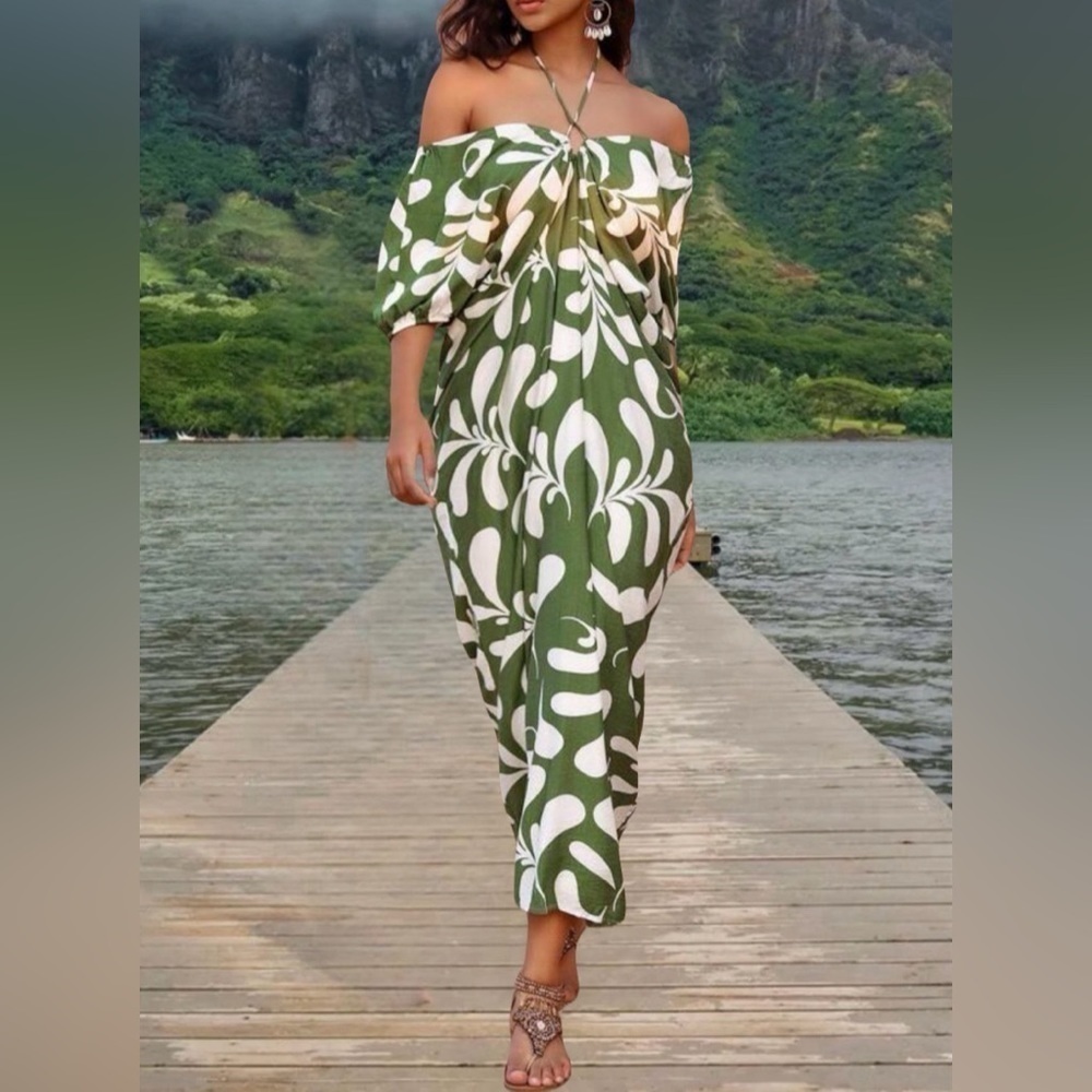 Hawaiin Loose Fit Tropical Print Oversized Off Shoulder Halter Neck Maxi Dress